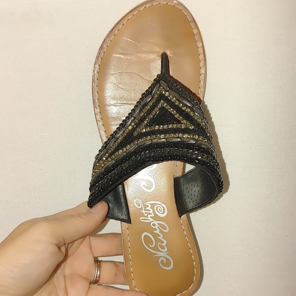 Naughty Monkey Bejeweled Sandal Flip Flop Leather Black 37 Beaded‎ Gem Jeweled